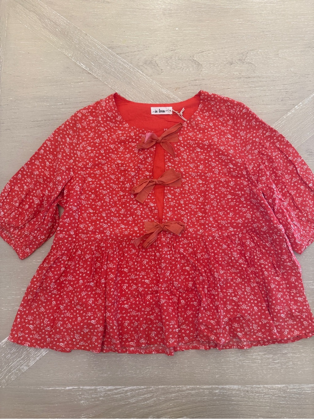 In loom boutique Red Floral Peplum Blouse with Bow Tie Front, July 4th ready!